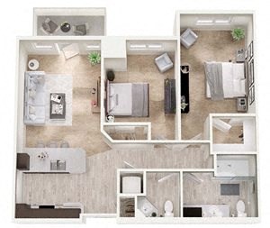 Floor plan for 2 beds, 1.5 baths, 849 sqft